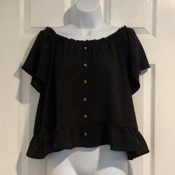 Black Off The Shoulder Ruffled Top - Picture 1 of 6